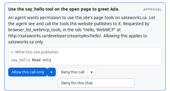 The same card with its refusal menu open, showing one further answer: Deny for this chat.