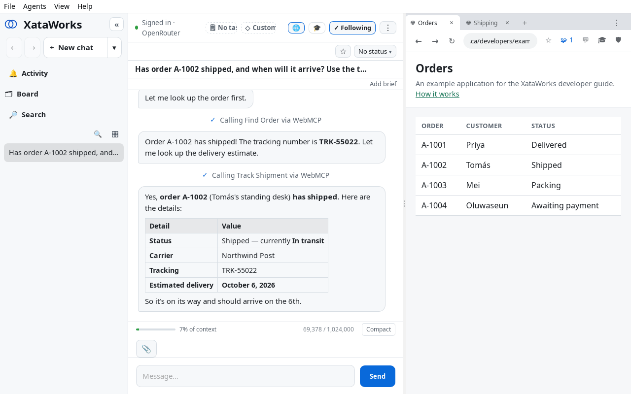 The XataWorks window after the run. The chat shows a line reading Calling Find Order via WebMCP, the agent noting that order A-1002 has shipped with tracking number TRK-55022, a line reading Calling Track Shipment via WebMCP, and a reply: order A-1002, Tomás's standing desk, has shipped, with a table giving status in transit, carrier Northwind Post, tracking TRK-55022 and estimated delivery 6 October 2026. The browser panel shows the Orders tab, with a Shipping tab beside it.